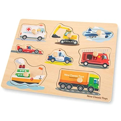 Afbeelding van New Classic Toys Houten Legpuzzel Voertuigen 8 puzzelstukjes