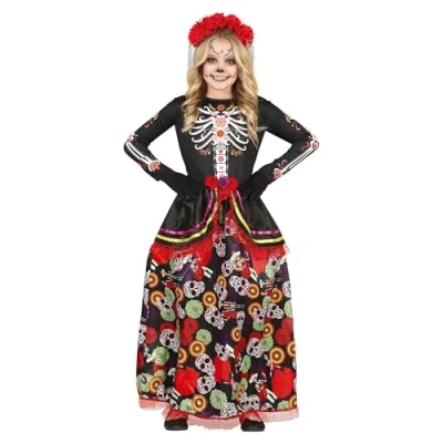 Afbeelding van FIESTAS GUIRCA Halloween kostuum voor kinderen, elegante lange skeletjurk, Día De Los Muertos en haarband met bloemen, kostuum, meisjes van 3 4 jaar