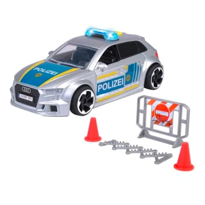 Afbeelding van Dickie Toys Audi RS3 politieauto 15 cm met wegversperring en pylonen, lichten geluiden, wrijvingsaandrijving, voor kinderen vanaf 3 jaar