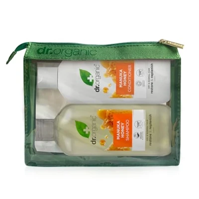 Afbeelding van Dr. Organic Manuka Honing shampoo en conditioner set met reistas, restauratie, droog haar, natuurlijk, vegetarisch, dierproefvrij, parabenen SLS, kunststof