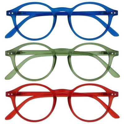 Image de OPULIZE REY Lunettes de lecture Lot 3 Monture ronde rétro Bleu mat, vert, rouge Homme Femme Charnières à ressort RRR56 36Z +3,50