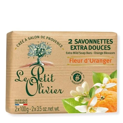 Afbeelding van LE PETIT OLIVIER 2 extra zachte zeep oranjebloesem geur uit de vetstreek reinigt huid zacht gemaakt in Frankrijk x 100 g