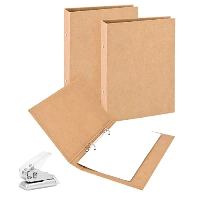 Afbeelding van 2 stuks A5 map van kraftpapier, ringen, navulbaar, ringmap, A5, voor kantoor, school, multifunctioneel, knutselen, kantoorbenodigdheden, met perforator