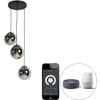 Afbeelding van QAZQA Smart hanglamp zwart met smoke glas 3 lichts incl. Wifi ST64
