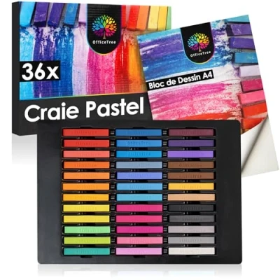 Afbeelding van OfficeTree 36 stuks pastelkrijt voor papier kunstenaarskrijt met tekenblok in intense kleuren zacht artistieke behoeften