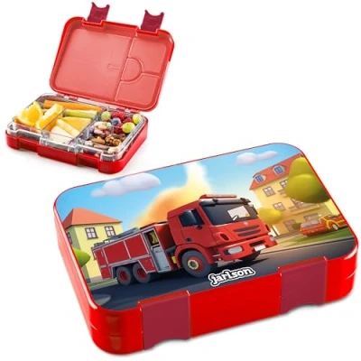 Afbeelding van Jarlson® Toni Lunchbox voor kinderen met vakken, lekvrije bentobox, kleuterschool en school, broodtrommel meisjes jongens, (brandweerwagen)