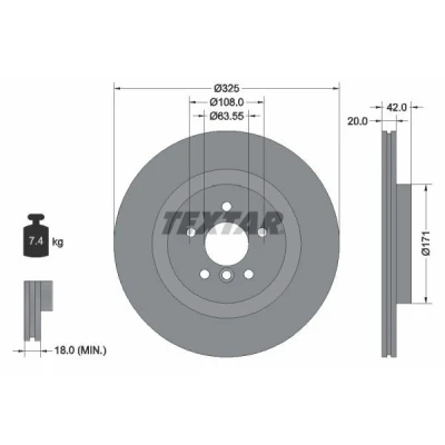 Afbeelding van TEXTAR 92318105 Remschijf 325 20 05/06 108 interne ventilatie Gecoat High carbon Zonder wielbevestigingsbout, wielnaaf JAGUAR: XF Saloon