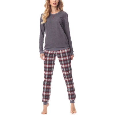 Afbeelding van Merry Style MS MS10 168 PJ Dames Pyjama ronde hals lange mouwen broek met zakken Katoen Donker Gemêleerd/Bordeaux XL