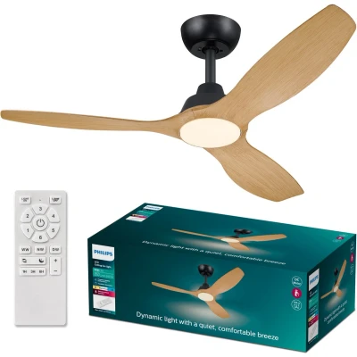 Afbeelding van Philips Olas Ventilator Energiezuinige LED verlichting Plafondlamp Instelbare kleurtemperatuur 24W 132cm diameter Afstandsbediening Zwart met houtlook