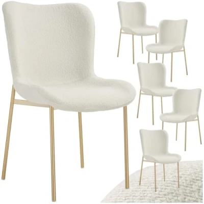 Afbeelding van tectake® 6 x gestoffeerde stoel Bouclé schelpzitstoel voor keuken eettafel fauteuil kaptafel of cocktailstoel, als elegante eetkamerstoel woonkamerstoel elegant tafelen wit/goud