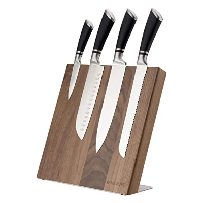 Afbeelding van Navaris magnetisch messenblok Magnetische messenhouder van walnotenhout Houten organizer voor messen en keukengerei Donkerbruin