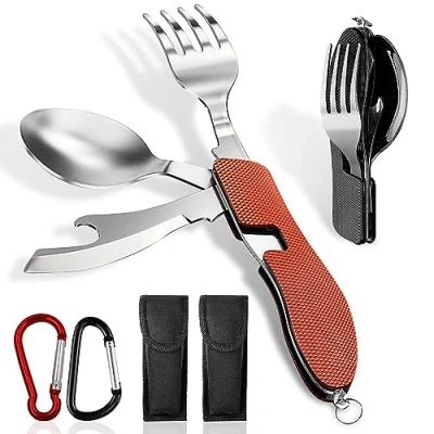 Afbeelding van Set van 2 campingbestek, klapbestek, roestvrij staal, 4 in 1 geknurled aluminium handgreep, outdoor survival bestek (mes, vork, lepel, flesopener enz.)