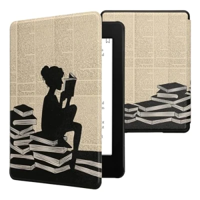 Afbeelding van kwmobile E reader hoesje geschikt voor Amazon Kindle Paperwhite 11. Generation 2021 hoes flip case met magnetische sluiting Ereader cover Meisje boeken design in zwart / beige
