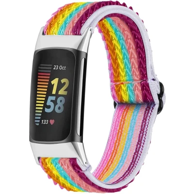 Afbeelding van iMoshion Bandje Geschikt voor Fitbit Charge 5 / 6 Elastisch nylon band met zilveren aansluiting Meerkleurig