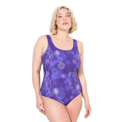 Image de Ulla Popken Maillot de bain froncé pour femme, méduses, sans bonnets souples, lilas, 46