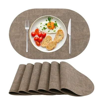 Afbeelding van Afwasbare placemats van kunstleer, hittebestendig, antislip, voor eettafel, keuken, ovaal, bruin, 6 stuks