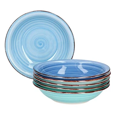 Afbeelding van MamboCat Blue set van 6 blauwe soepborden I robuust blauw aardewerk servies voor personen met moderne swirl decor in leuke tinten