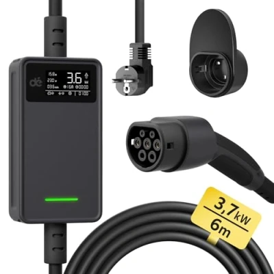 Afbeelding van dé Elektrische oplaadkabel type 2 Schuko 3,68 kW [6 m eenfasig 6/8/10/13/16A] autolader met lcd display, digitale bediening, compatibel model 3/Y, e 208, Fortwo, Q4