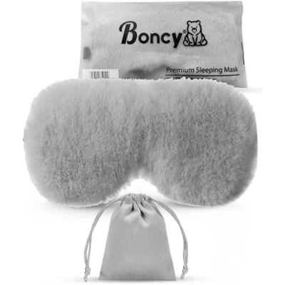 Afbeelding van Boncy Verstelbaar Zijde Slaapmasker met Opbergzakje Grijs Fluffy Oogmasker Slaapmaskers Vrouwen en Mannen
