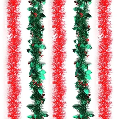 Afbeelding van BELLE VOUS Set van 5 groene en rode slingers, elk 2 m, kerstslinger, hulstboom bessen, slinger, uniseks, voor Kerstmis, festivals kerstfeesten