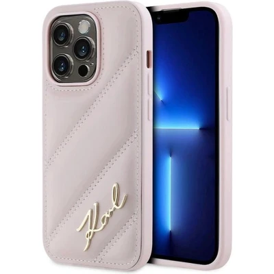 Afbeelding van Karl Lagerfeld Diagonal Quilted Script hoesje voor iPhone 14 Pro roze