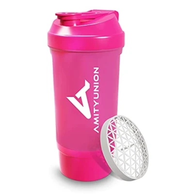 Afbeelding van Protein shaker Roze 700 ml FYRA lekvrij BPA vrij met poedervak ​​en zeef en schaal voor romige BCAA shakes, proteïne shake cups, isolaten wei eiwit
