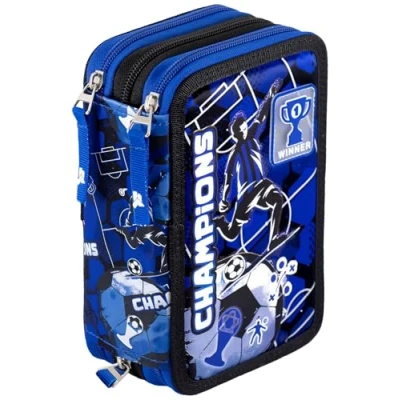 Afbeelding van Julian Ross drievoudig gevoerd etui, 44 schoolaccessoires, 20 cm, Zwart en blauw kampioenen, schooletui