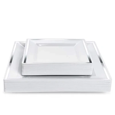 Afbeelding van MATANA 40 Witte Vierkante Plastic Borden met Zilveren Rand voor Bruiloften, Verjaardagen, Doopfeesten, Kerstmis en Feesten (2 Maten: 20x24 cm, 20x16.5 cm) Stevig &amp; Herbruikbaar
