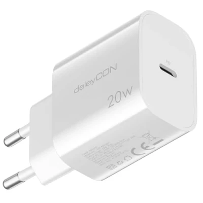 Afbeelding van deleyCON USB C oplader (20W snellader) 1 poort voor iPhone 15 Pro Max 14 13 12 11 iPad Galaxy S24/S23 Pixel mobiele telefoon PD 3.0 wit
