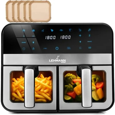 Afbeelding van LEHMANN Air Fryer 9 l, dubbele friteuse zonder olie met 2 laden, 2400 W, 12 programma&#039;s, instelbare temperatuur van 80 200 C, wifi bediening, touchscreen, voor grote gezinnen kinderen
