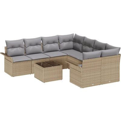 Afbeelding van vidaXL 9 delige Tuin Sofa Set met Kussens Beige Poly Rattan, 2 zits Opslag &amp; Rattan