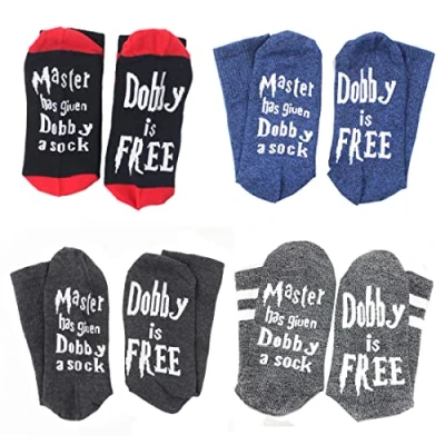 Afbeelding van Simoda Set van 4 paar grappige katoenen sokken met spreuk &quot;Dobby is Free&quot; voor dames en heren, paar, medium, paar.