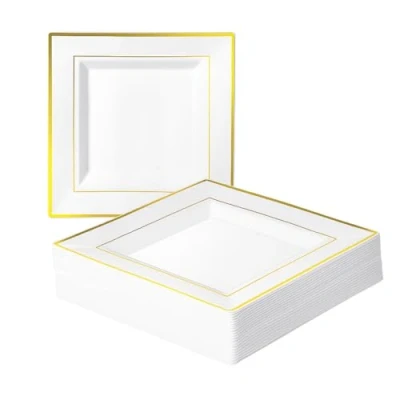 Afbeelding van MATANA 20 stuks vierkante platte borden van hoogwaardig wit kunststof met gouden rand, 24 cm, elegante en herbruikbare feestborden voor bruiloften, verjaardagen, picknicks,
