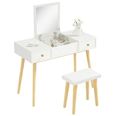 Afbeelding van HOMCOM make uptafel met spiegel en kruk, 2 laden inklapbare spiegel, gevoerd kussen, kaptafel, 100 x 45 118 cm, wit