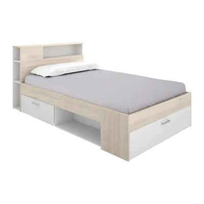 Afbeelding van Vente unique Bed met hoofdeinde, opbergruimte en lade 120 x 190 cm Kleuren: Naturel wit LEANDRE L 218.5 H 95 D 129.5