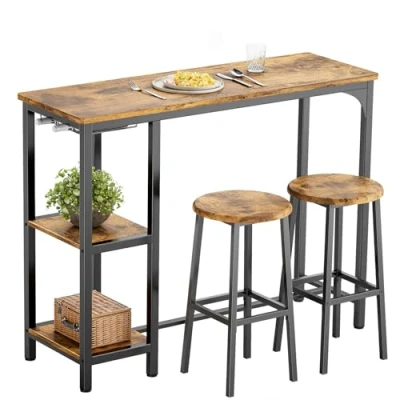 Afbeelding van Bealife bartafel met barkrukken voor 2 personen, legplanken en glazen standaard, bartafelset keuken, woonkamer, eetkamer (retro)