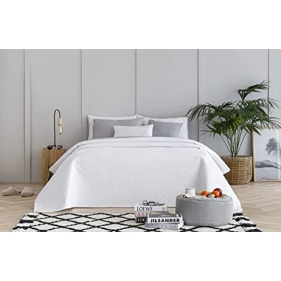 Afbeelding van Todocama Underzy Dunne sprei met ruitpatroon voor lente, zomer, herfst en winter, 100% extra zachte microvezel, multifunctionele bed, 120/135 230 x 260 cm, wit