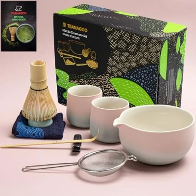 Afbeelding van TEANAGOO Matcha garde set met schenktuit, schep, garde, theehouder, 1 Japanse theeset (7 stuks) + 2 kopjes (7,2 oz), S11, roze kleurverloop