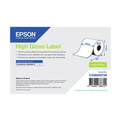 Image de Epson Haute brillance adhésif permanent en acrylique Rouleau (20,3 cm x 58 m) 4 rouleau(x) étiquettes continues pour ColorWorks CW C6000Ae, C6000Pe, C6500Ae, C6500Pe