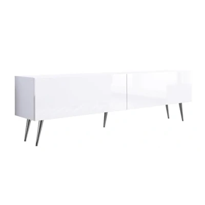 Afbeelding van Meuble TV : deux portes, étagères, Couleur blanc mat/blanc brillant, pieds chromés, D L 170 cm, H 52 P 32 cm
