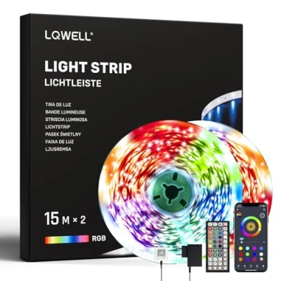 Afbeelding van LQWELL® 30 m (2 rollen van 15 m) ledstrip met afstandsbediening en app, Bluetooth muzieksynchronisatie, RGB lichtketting kleurverandering voor feest, huis, slaapkamer