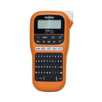 Image de Brother P Touch PT E110VP Étiqueteuse Noir et blanc transfert thermique Rouleau (1,2 cm) 180 dpi jusqu&#039;à 20 mm/sec outil de coupe impression par 2 lignes noir, orange