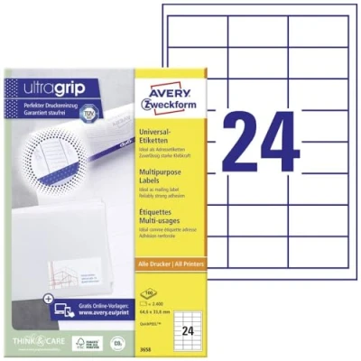 Afbeelding van Avery Zweckform 3658, Universele Etiketten, Ultragrip, Wit, 100 Vel, 24 Per 64,6 X 33,8 Mm Etiket