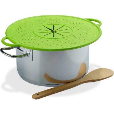 Afbeelding van Relaxdays spatdeksel silicone anti 30 Ø overkookdeksel hittebestendig groen