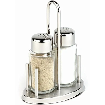 Afbeelding van APS 40310 Classic zout en peperstrooier met roestvrij stalen frame 2 shakers van glas 10,5 x 6,5 16 cm