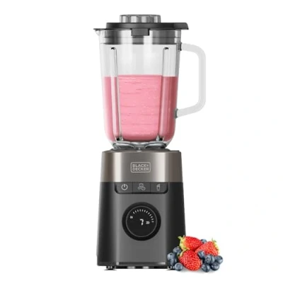 Afbeelding van Black+Decker Blender BXJB1201E 2200W Glazen karaf 2,2 l 8 snelheden 6 roestvrijstalen messen pulsfunctie smoothie en gemalen ijs LED display veiligheidssysteem