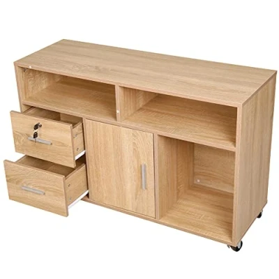 Afbeelding van BAKAJI Multifunctionele houten printerkast met 3 planken, 2 laden sleutel en 1 kast vakken, bureaukast beweegbare wielen, 100 x 35 65 cm (eiken)