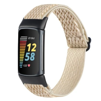 Afbeelding van FitBit Charge 5 &amp; 6 Elastische solo loop nylon bandje Beige