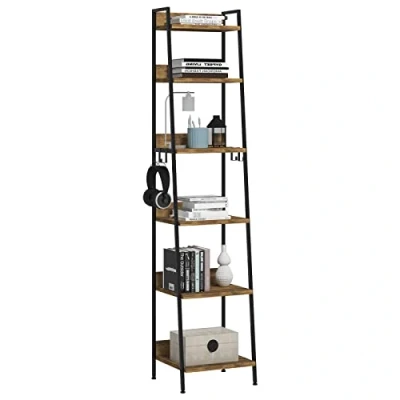 Afbeelding van WOLTU Boekenrek met 6 niveaus, keukenrek 4 haken, industriële stijl, opbergrek in woonkamer, keuken, rek van metaal, MDF, smalle plank, zwart, RGB30hov