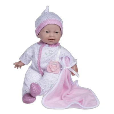 Afbeelding van JC TOYS La Baby pop, 28 cm, zacht en wasbaar lichaam, deken fopspeen, wit roze gestippeld, ontworpen in Spanje, +12 maanden